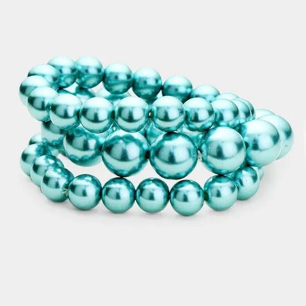 3PCS - Teal Blue Stackable Pearl Stretch Bracelets