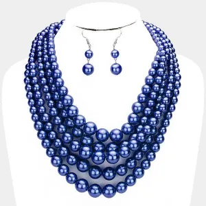 5 Strand Pearl (faux) Navy Blue Necklace & Earring Set