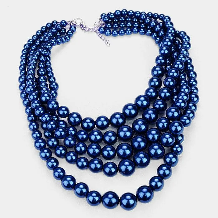 5 Strand Pearl (faux) Navy Blue Necklace & Earring Set