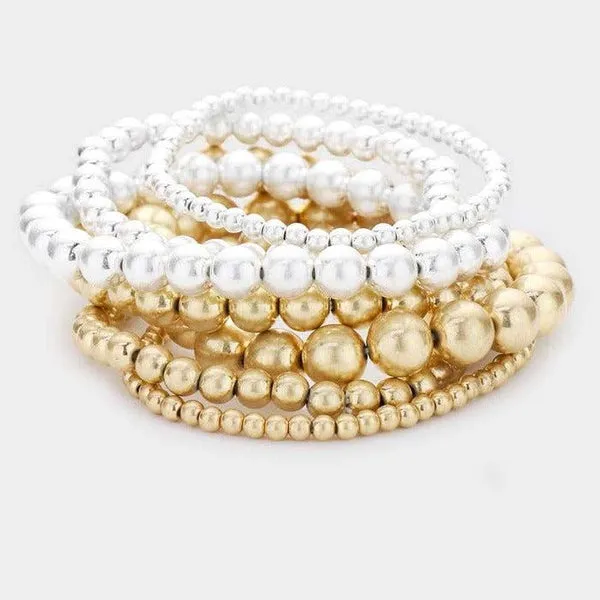 7PCS - Two Tone Metal Ball Stretch Bracelets