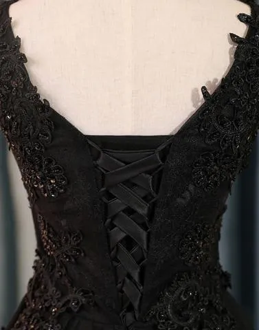 Black Lace Applique Beading Tulle Bandage Short Homecoming Dresses