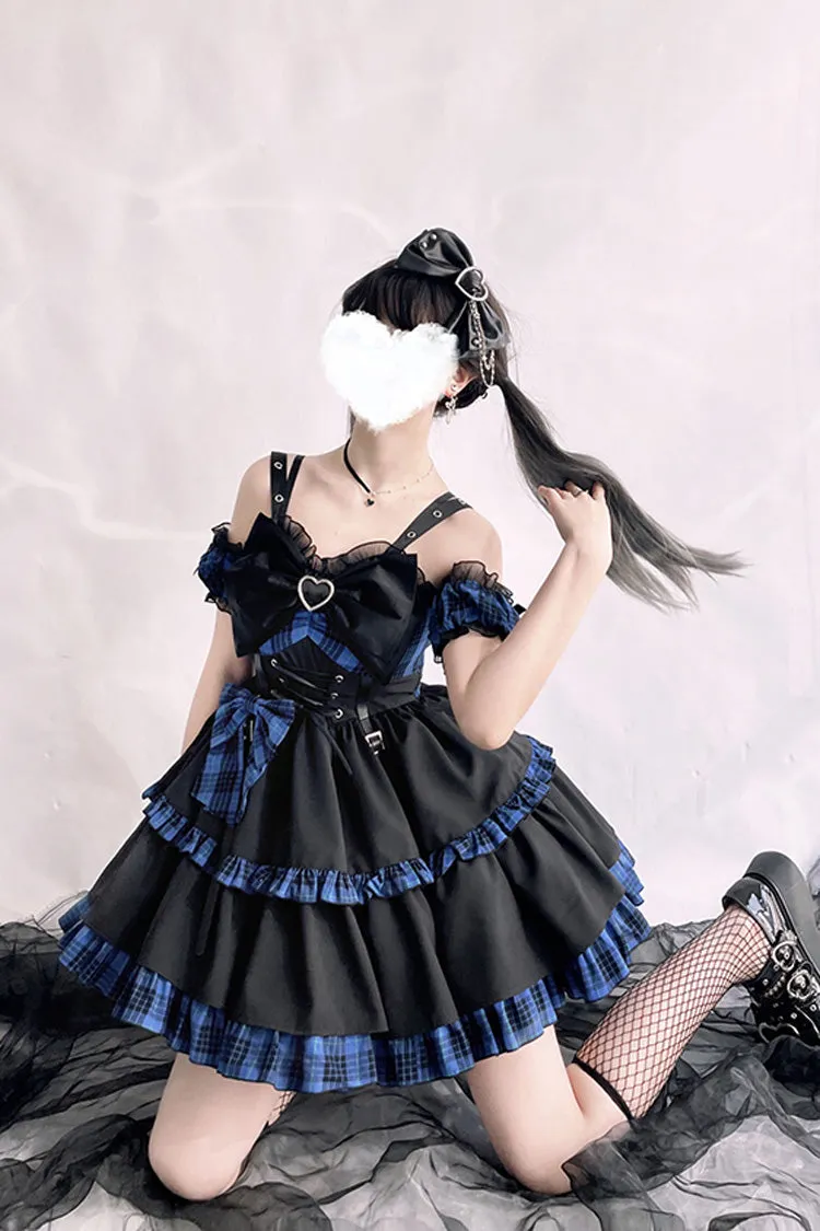 Black/Blue Sleeveless Multi-layer Ruffle Bowknot Gothic Lolita Jsk Dress