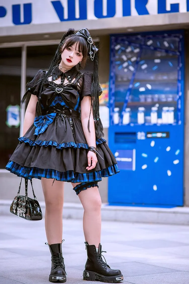 Black/Blue Sleeveless Multi-layer Ruffle Bowknot Gothic Lolita Jsk Dress