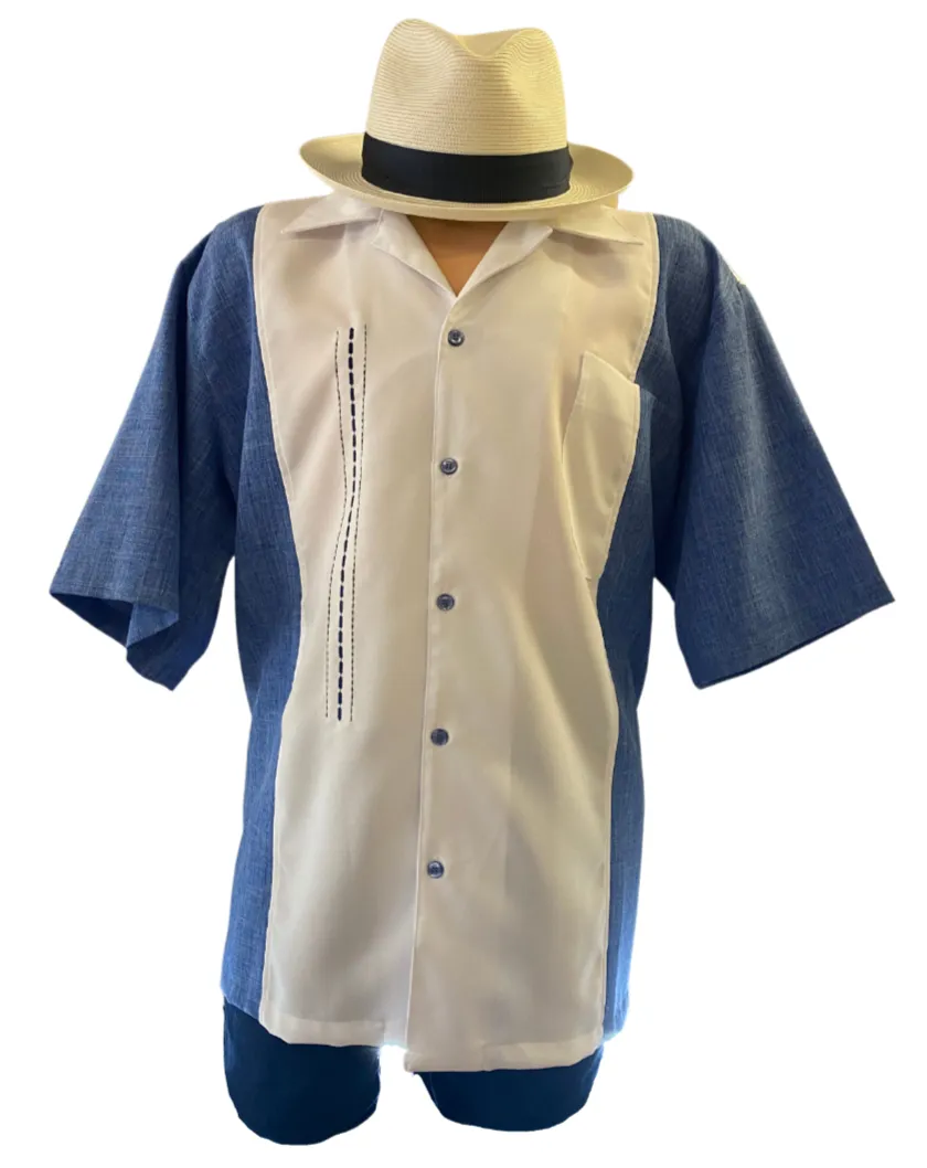 Blue w/ White Cuban Shirt Collar Guayabera