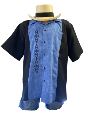 Blue w/Black Cuban Shirt Collar Guayabera