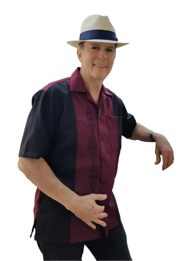 Burgundy w/ Black Cuban Shirt Collar Guayabera