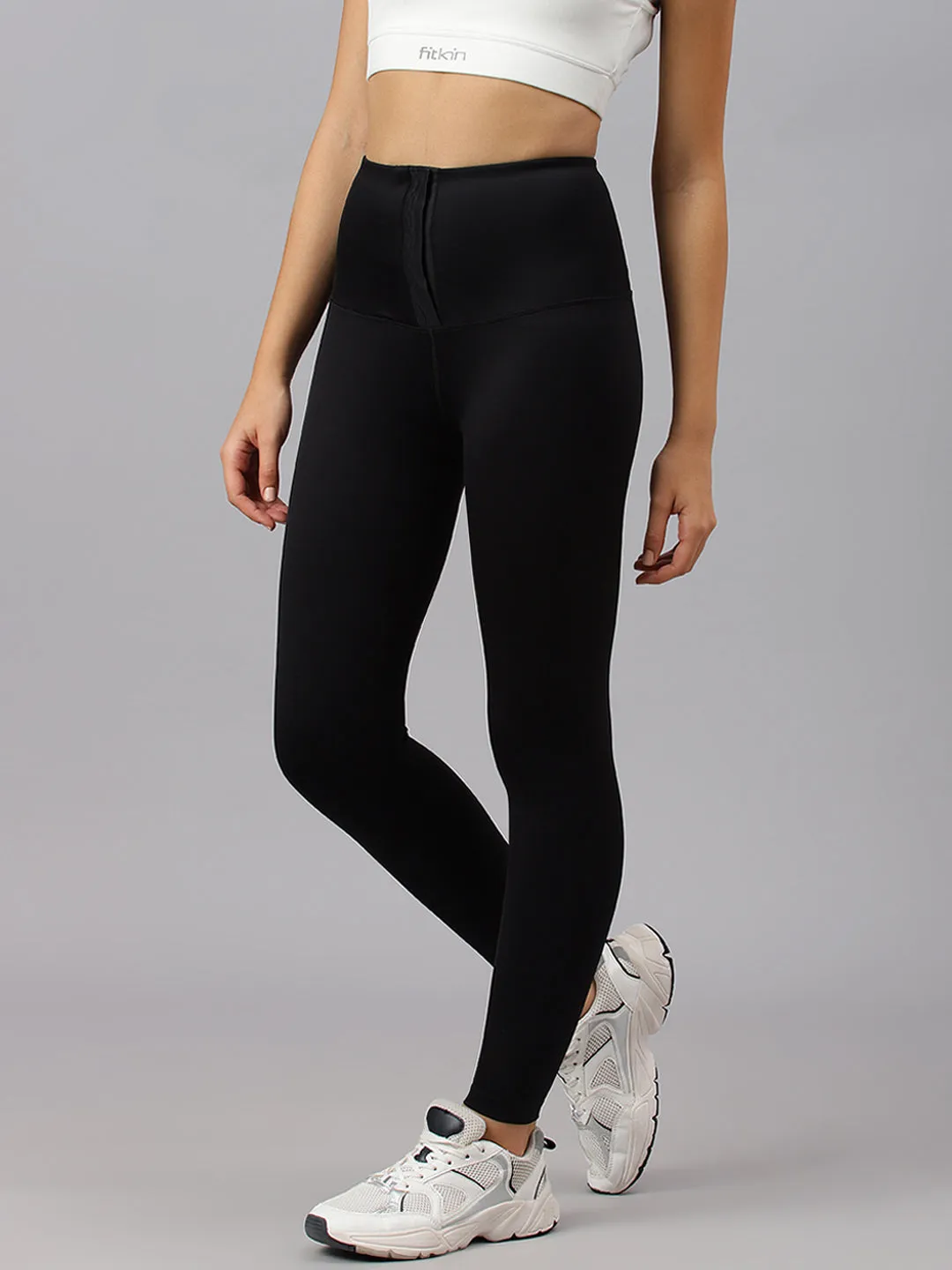 Fitkin Women's Black Front Hooks Tummy Shaper Tights