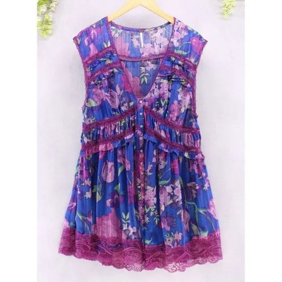 Free People Women's Ultra Violet Combo Spring Fling Lace Trim Mini Dress Sz S
