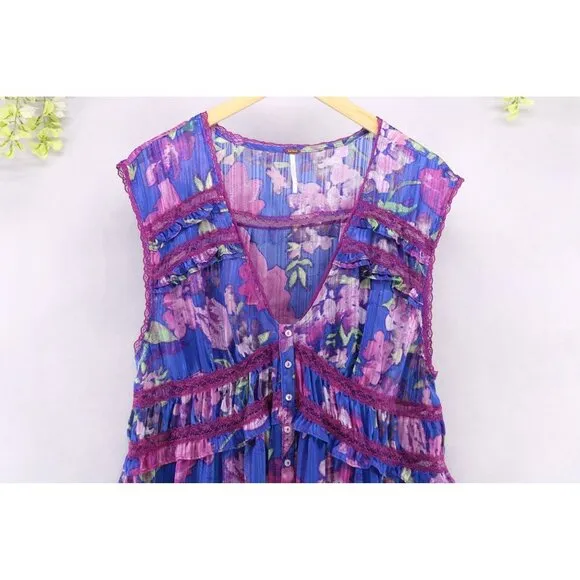 Free People Women's Ultra Violet Combo Spring Fling Lace Trim Mini Dress Sz S