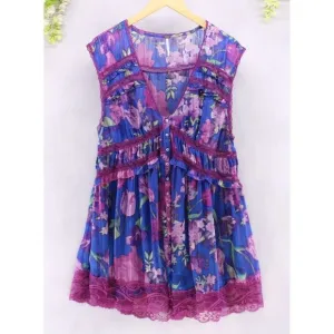 Free People Women's Ultra Violet Combo Spring Fling Lace Trim Mini Dress Sz S