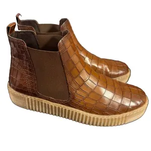 Gabor Women's Leather Bootie Sz. 8 Whiskey Brown Kroko Design Sneaker Shoe EUC