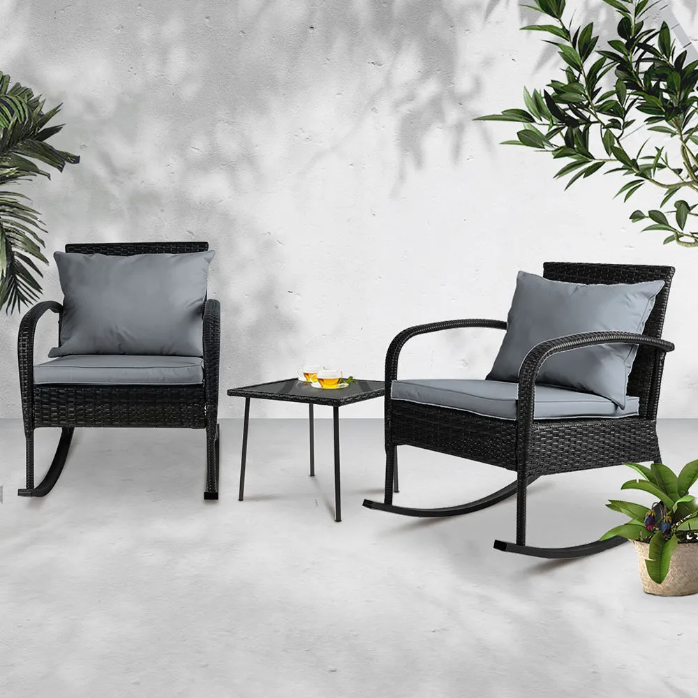 Gardeon 3PC Rocking Chair Table Wicker Outdoor Furniture Patio Bistro Set Black