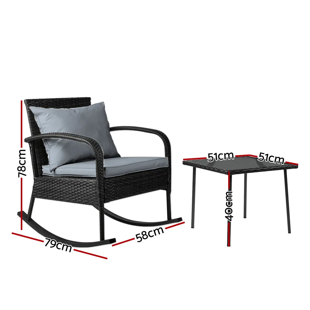 Gardeon 3PC Rocking Chair Table Wicker Outdoor Furniture Patio Bistro Set Black