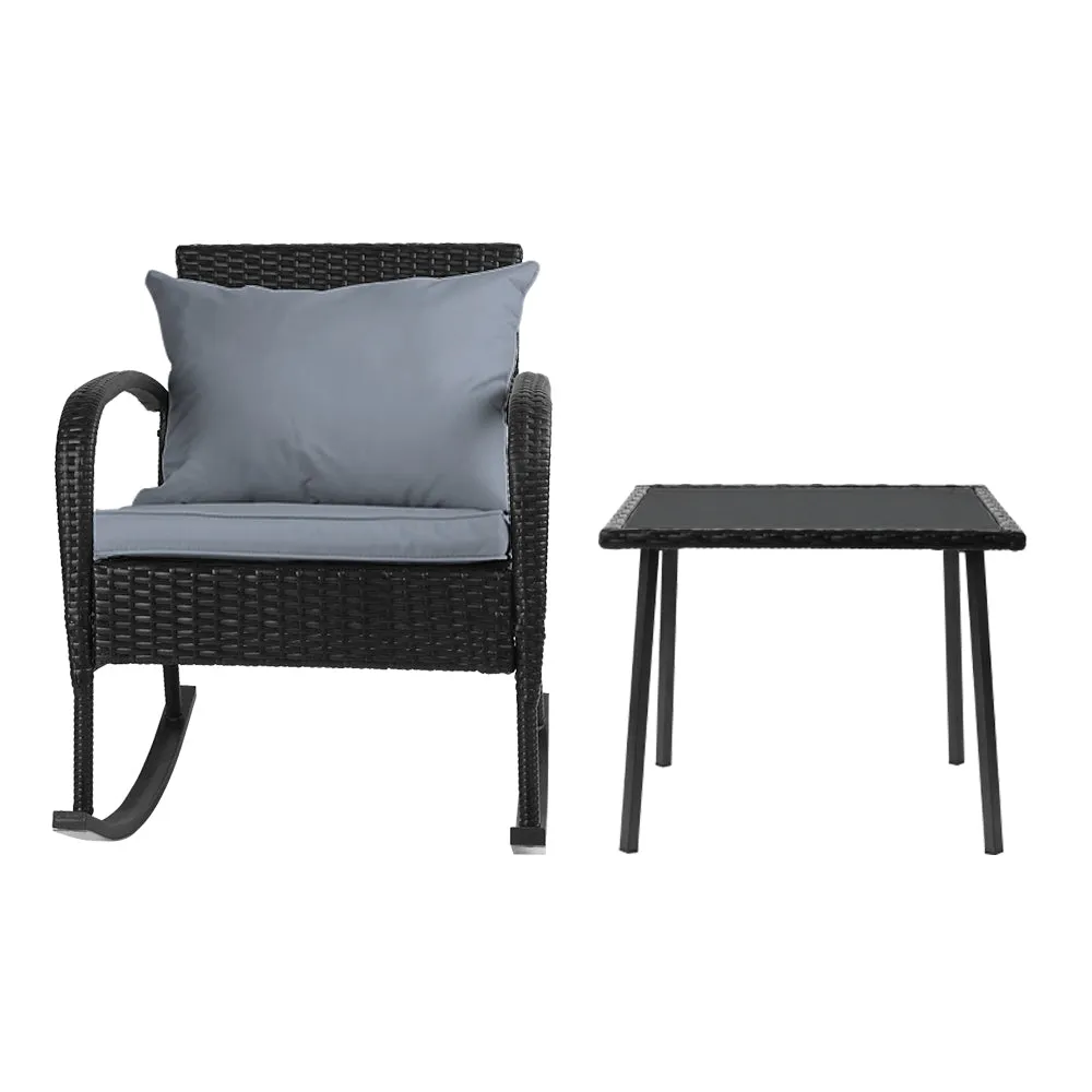 Gardeon 3PC Rocking Chair Table Wicker Outdoor Furniture Patio Bistro Set Black