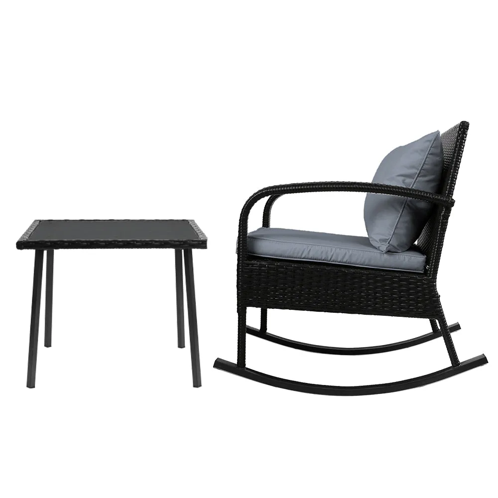 Gardeon 3PC Rocking Chair Table Wicker Outdoor Furniture Patio Bistro Set Black