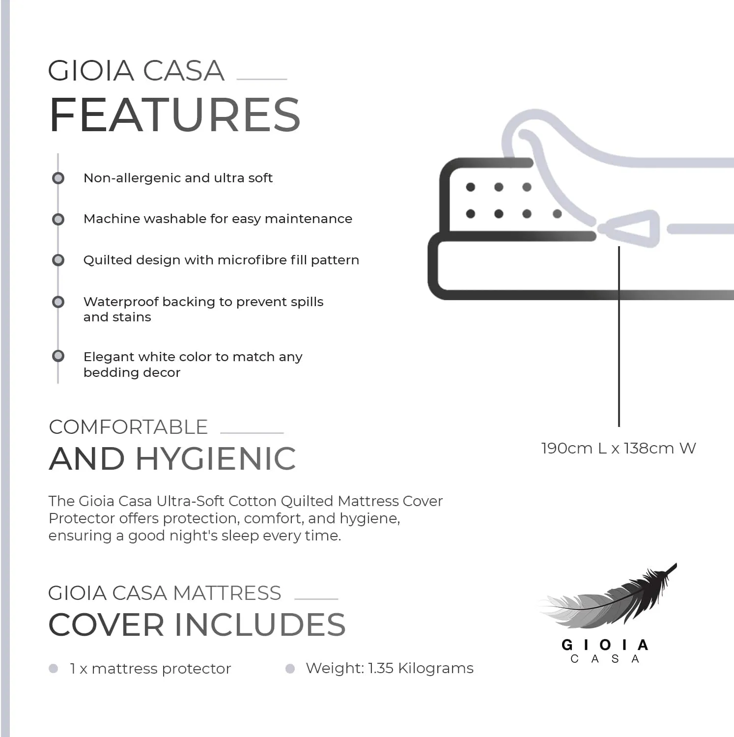 Gioia Casa 100% Ultra-Soft Cotton Quilted Anti-Microbial Mattress Cover Protector - Double Size