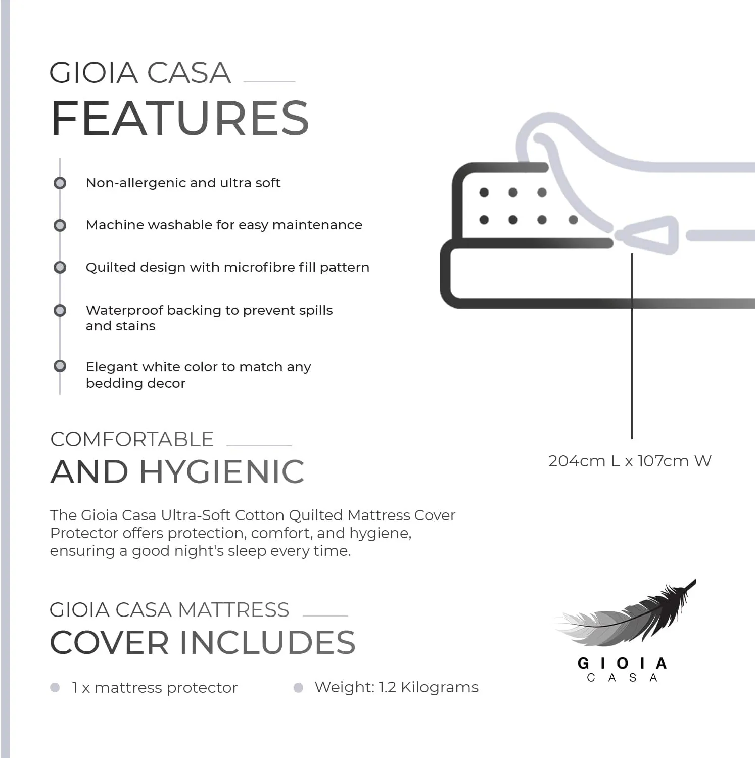 Gioia Casa 100% Ultra-Soft Cotton Quilted Anti-Microbial Mattress Cover Protector - King Single Size