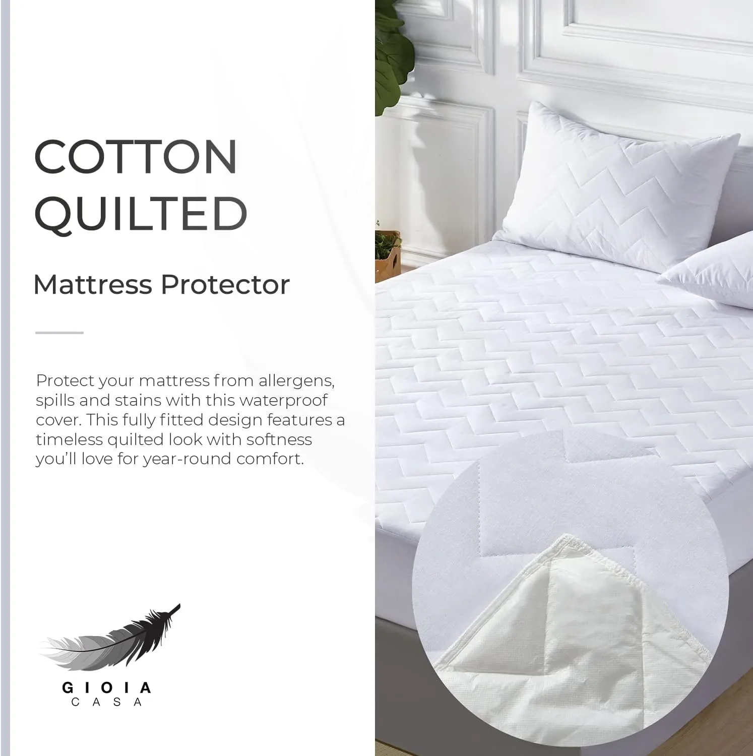 Gioia Casa 100% Ultra-Soft Cotton Quilted Anti-Microbial Mattress Cover Protector - King Single Size