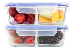 Glass Meal Prep Food Storage Portion Control Container 2-Compartment Divider with Locking Lid/Premium Quality/BPA-FREE/Air Tight/Leakproof/Freezer/Oven/Dishwasher/Microwave Safe (1-3 pc sets)35 oz (2)