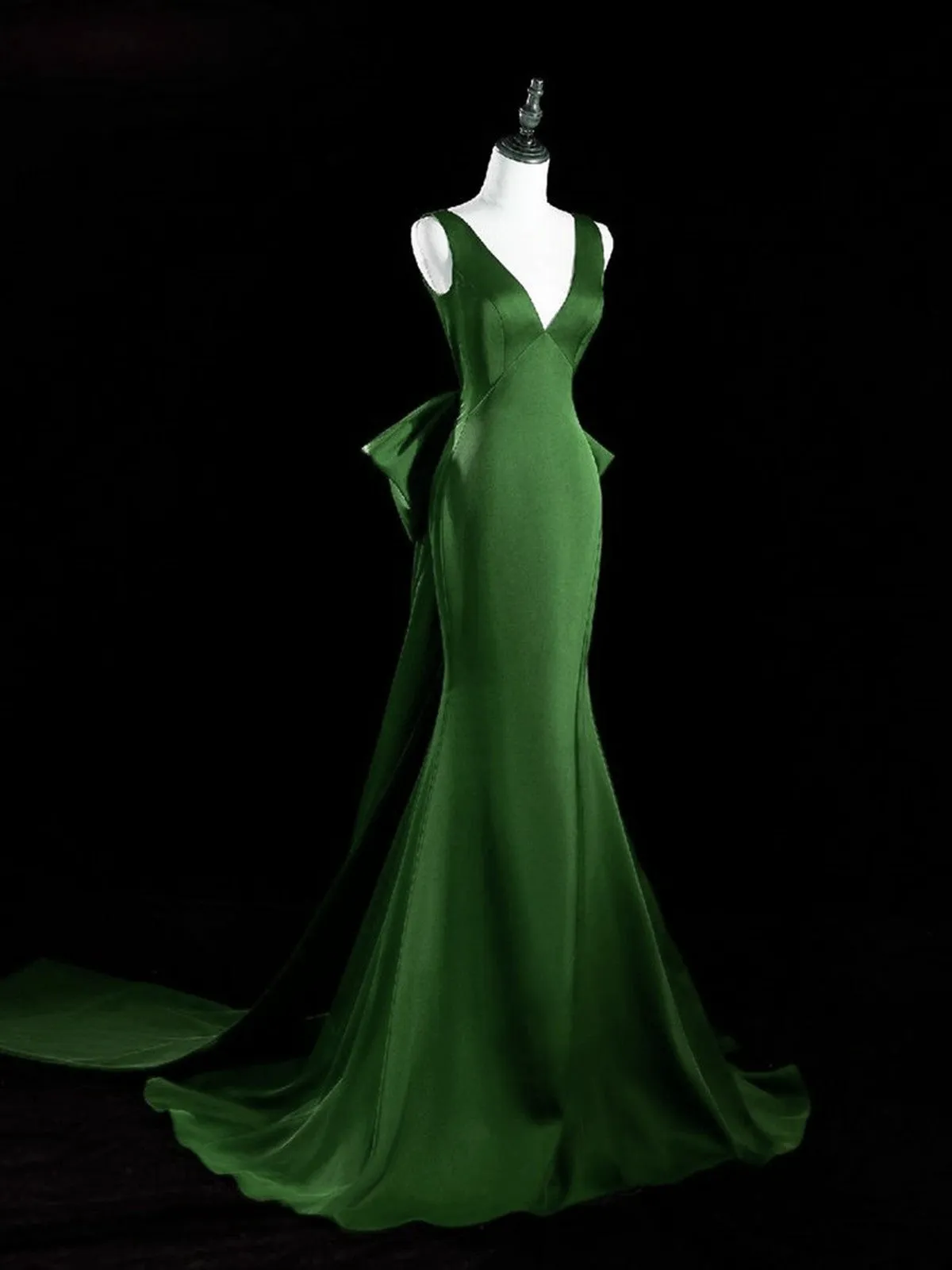 Green V-neckline Mermaid Satin Long Party Dress, Green Satin Evening Dress Prom Dress