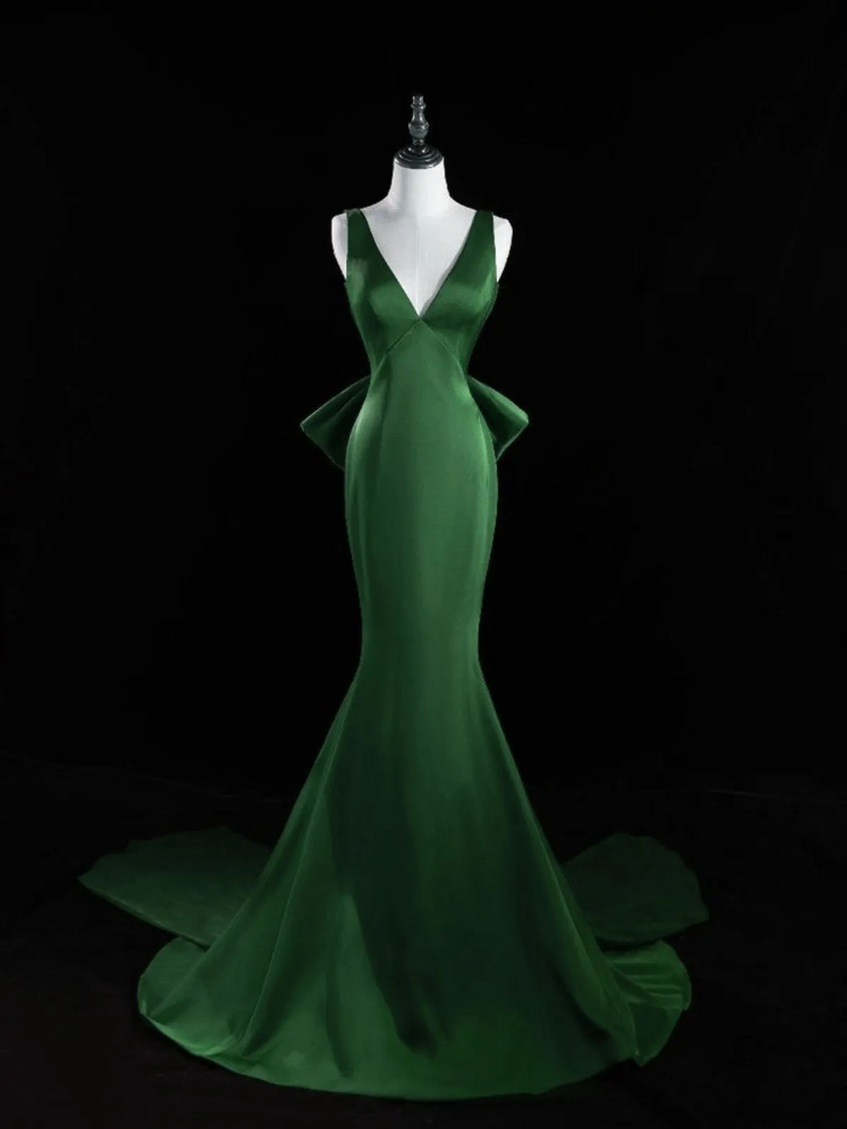 Green V-neckline Mermaid Satin Long Party Dress, Green Satin Evening Dress Prom Dress
