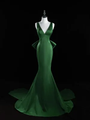 Green V-neckline Mermaid Satin Long Party Dress, Green Satin Evening Dress Prom Dress