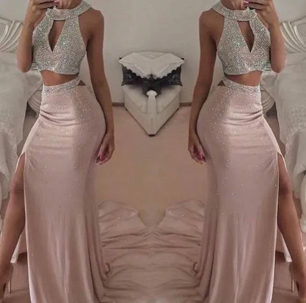 Halter Beading Prom Dresses,Two Piece Prom Dress,Evening Dress