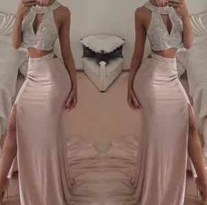 Halter Beading Prom Dresses,Two Piece Prom Dress,Evening Dress