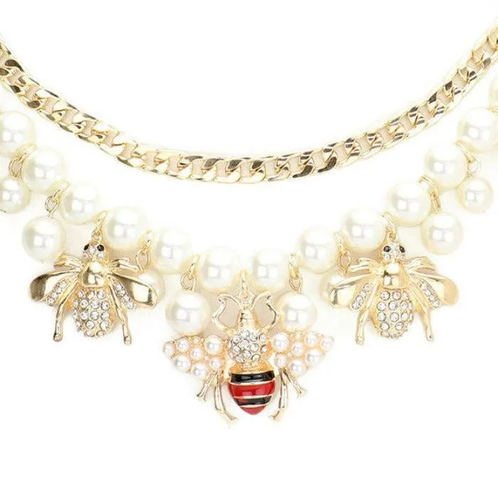 Honey Bee Pendant Station Pearl Chain Layered Necklace Set