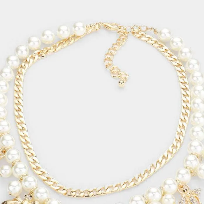 Honey Bee Pendant Station Pearl Chain Layered Necklace Set