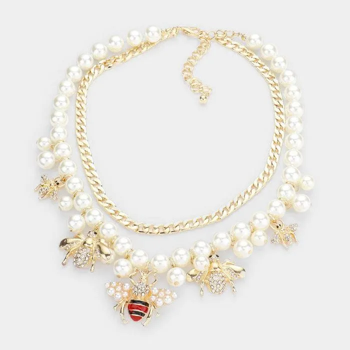 Honey Bee Pendant Station Pearl Chain Layered Necklace Set