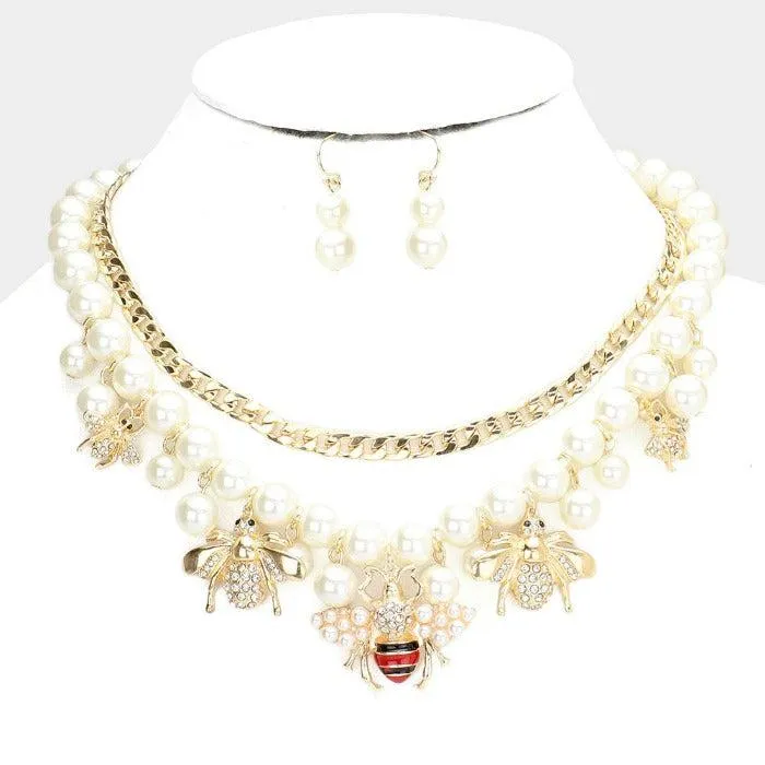 Honey Bee Pendant Station Pearl Chain Layered Necklace Set