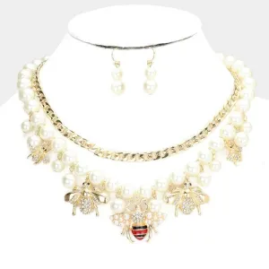 Honey Bee Pendant Station Pearl Chain Layered Necklace Set