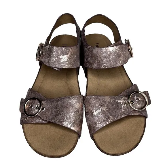Hotter NWOT Tourist Leather Rose Gold/Pink Cork Bed Buckle Sandal Size 9
