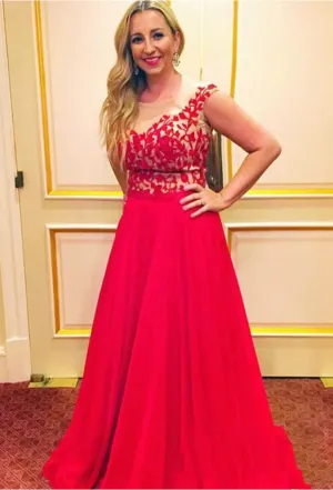 Lace Applique Prom Dresses,Red Prom Dress,Chiffon Evening Dress