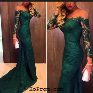 Lace Green Prom Dresses,Long Sleeve Prom Dresses,Evening Dress