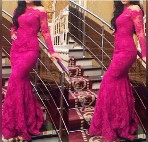 Lace Pink Prom Dresses,Long Sleeve Prom Dresses,Evening Dress