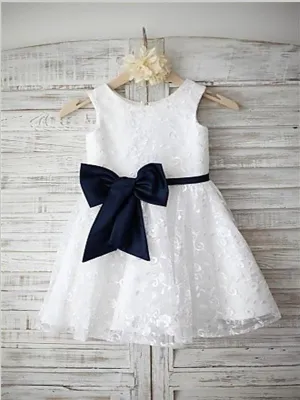 Lace Princess Scoop Sleeveless Flower Girl Dresses Floor Length Dress with Bowknot
