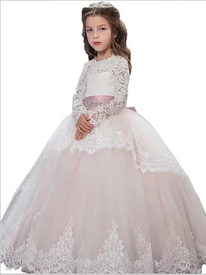 Lace Tulle Long Sleeves Jewel Flower Girl Dresses Floor Length Ball Gown