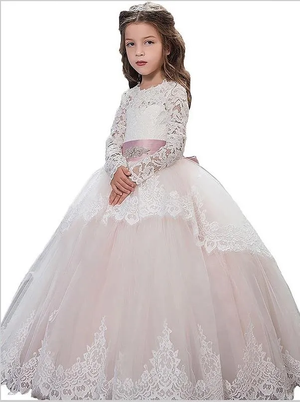 Lace Tulle Long Sleeves Jewel Flower Girl Dresses Floor Length Ball Gown