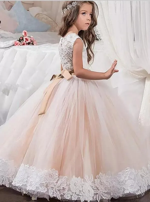 Lace Tulle Sleeveless Floor Length Flower Girl Dresses Ball Gown