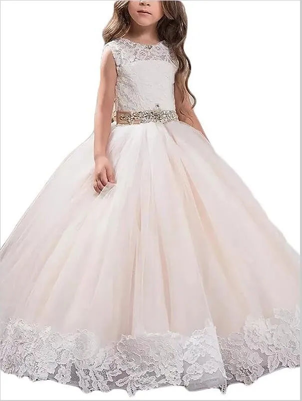 Lace Tulle Sleeveless Floor Length Flower Girl Dresses Ball Gown