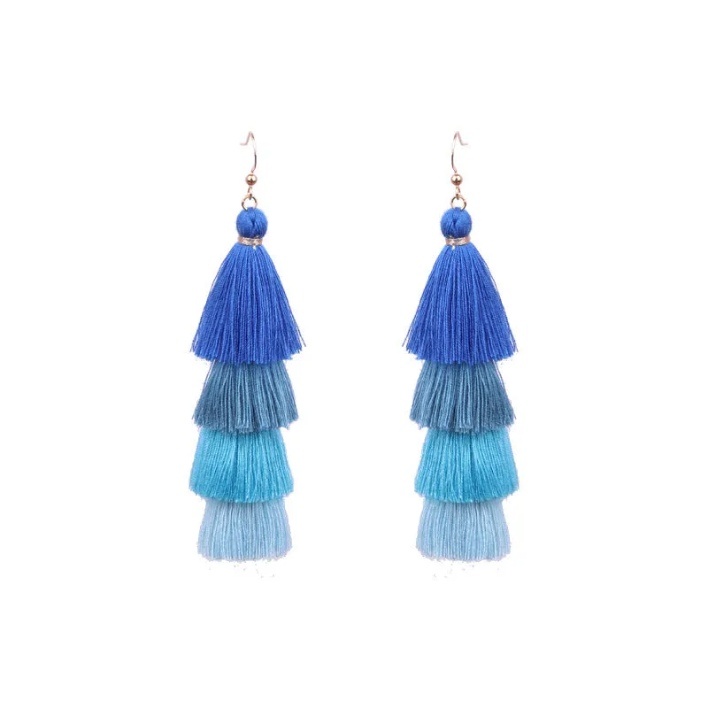 Long color matching multi-layer tassel earrings