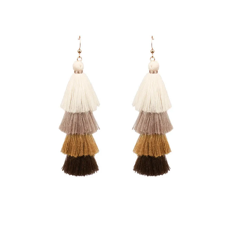 Long color matching multi-layer tassel earrings