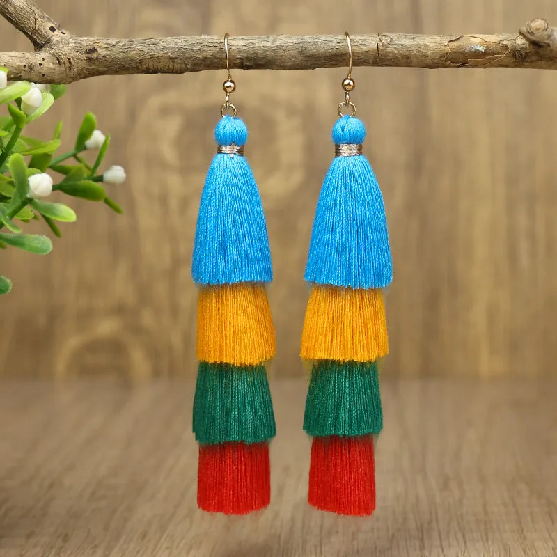 Long color matching multi-layer tassel earrings