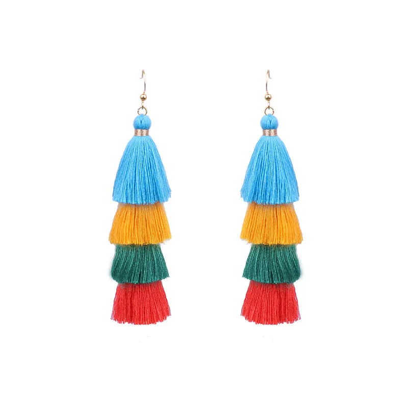 Long color matching multi-layer tassel earrings