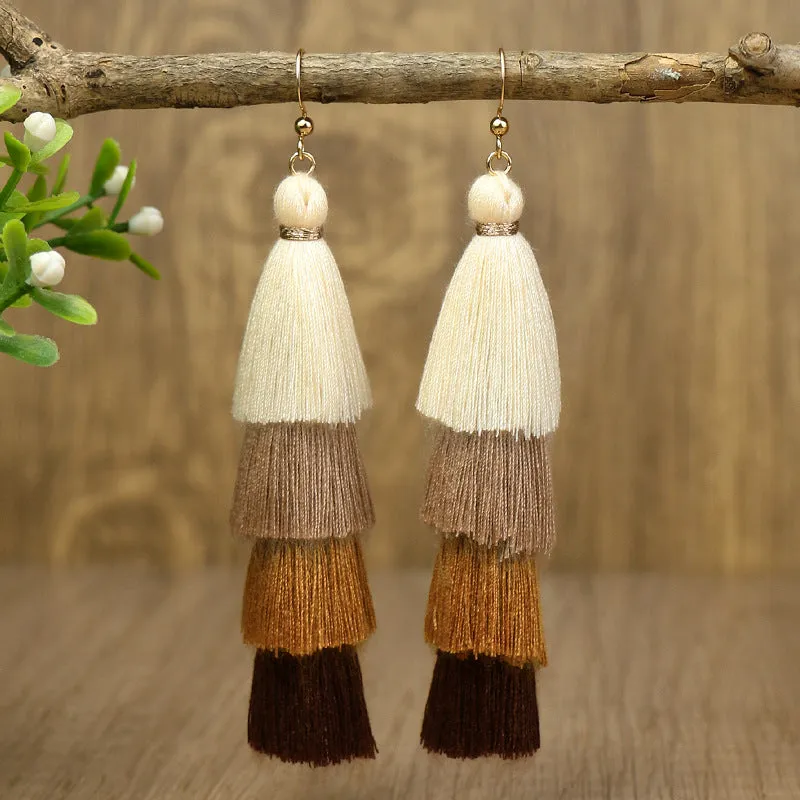 Long color matching multi-layer tassel earrings