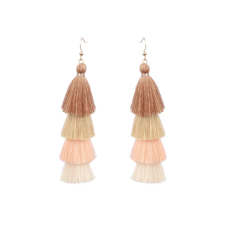 Long color matching multi-layer tassel earrings