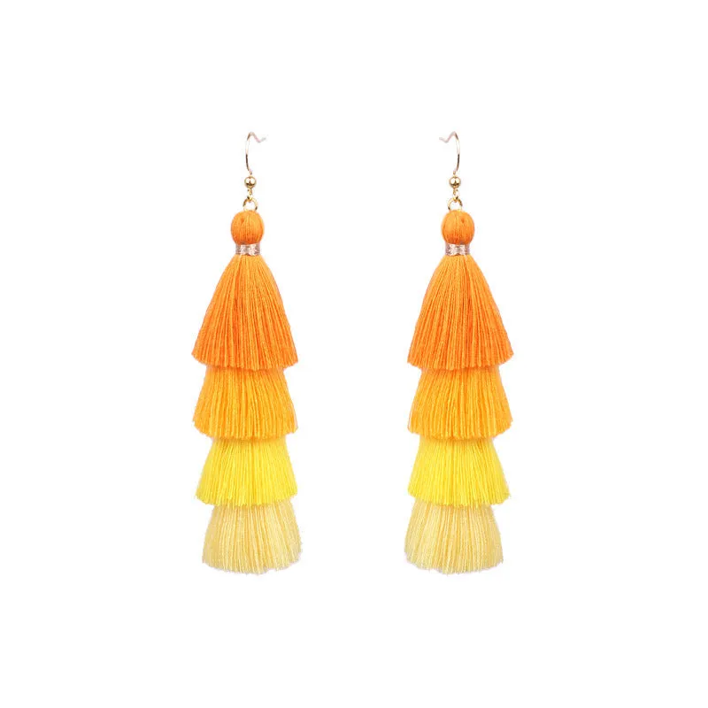 Long color matching multi-layer tassel earrings