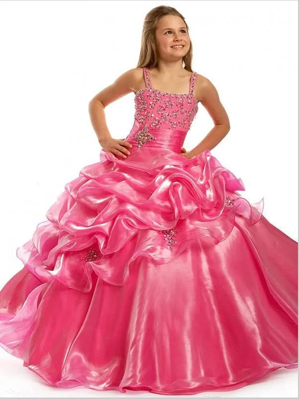 Long Taffeta Straps Sleeveless Flower Girl Dresses Ball Gown With Beading